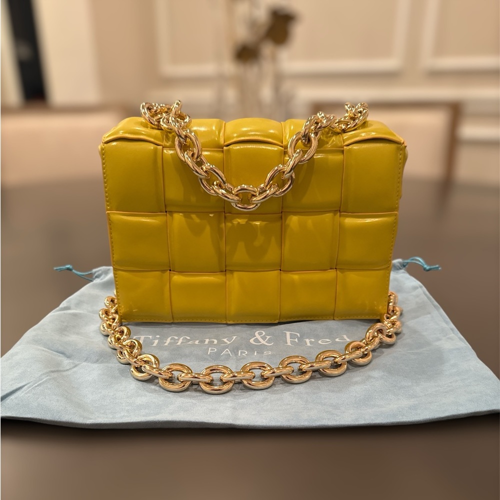 Tiffany & Fred Yellow Full-Grain Woven Lambskin Leather Bag with Gold Chain EUC